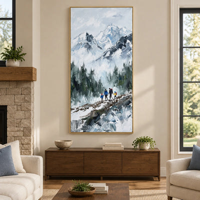 Silver Drift mountain landscape wall art with a gold frame hanging in a living room