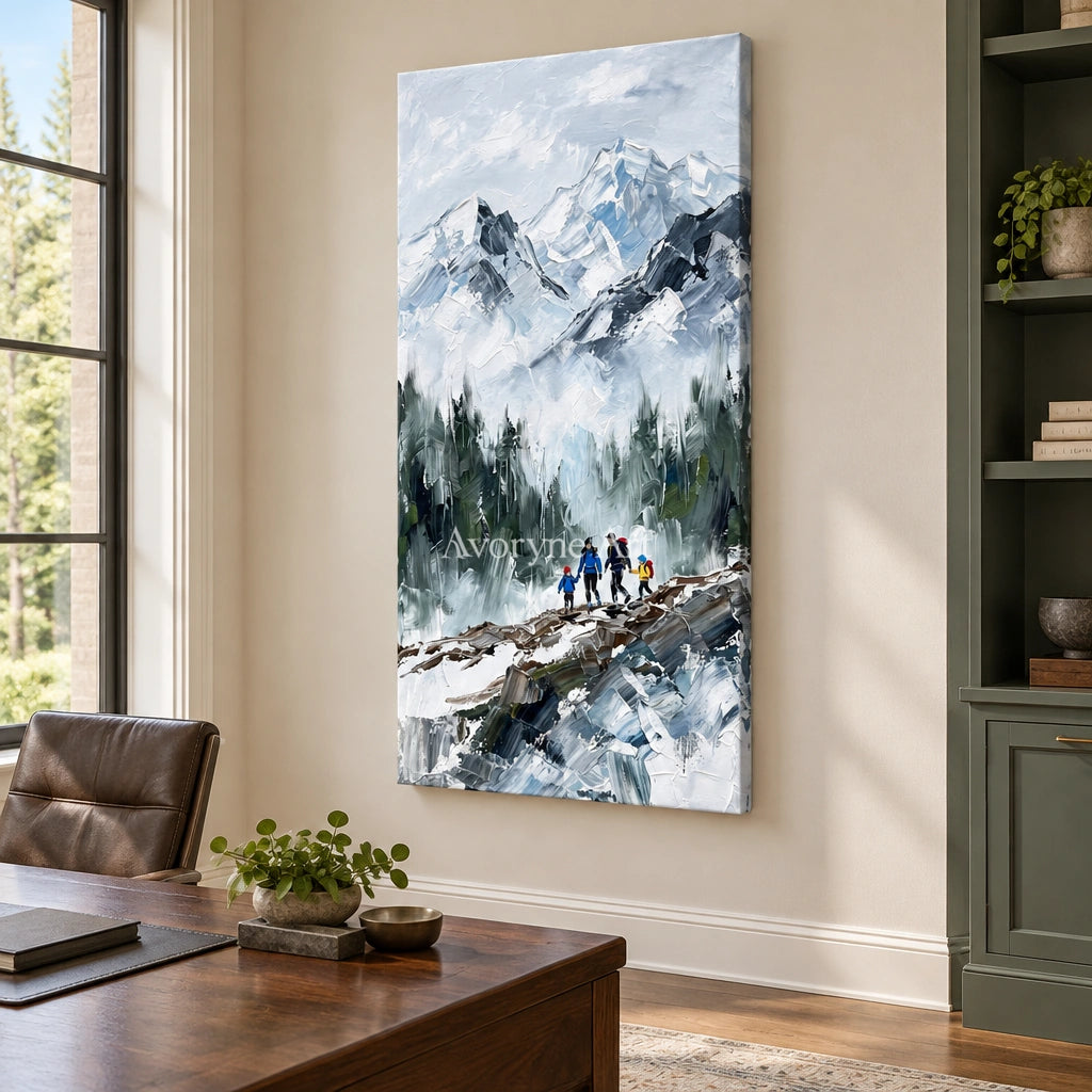 Silver Drift mountain landscape wall art as a frameless stretched canvas in a home office