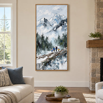 Silver Drift mountain landscape wall art with a wood frame in a villa living space
