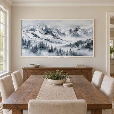 Silver Prelude mountain landscape wall art with a white frame in a dining room