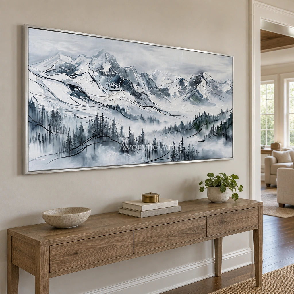 Silver Prelude mountain landscape wall art with a silver frame in an entryway