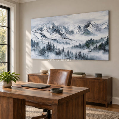 Silver Prelude mountain landscape wall art as a frameless stretched canvas in a home office