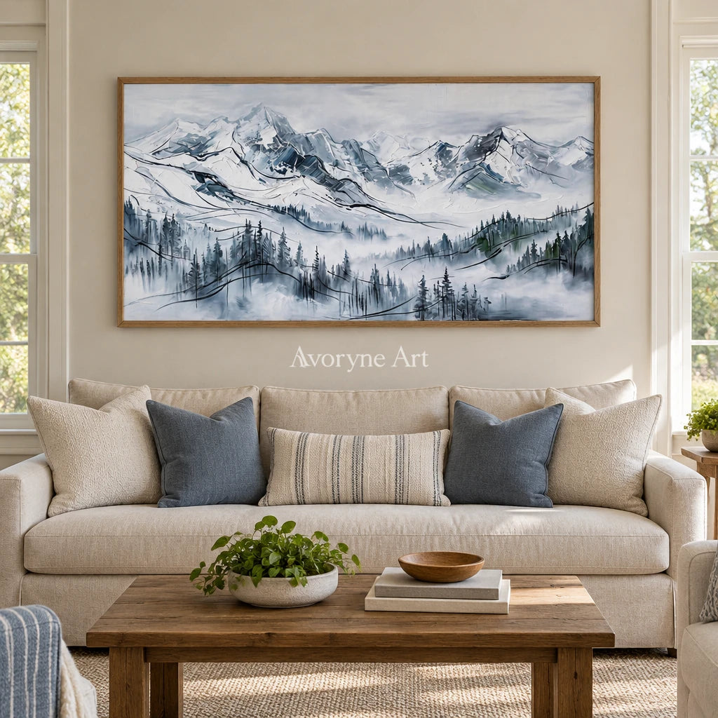 Silver Prelude mountain landscape wall art with a wood frame in a villa living space