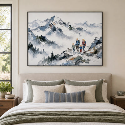 Silver Trace mountain landscape wall art with a black frame above a bed in a bedroom