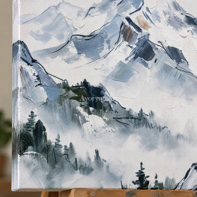 Close-up of the hand-painted texture of Silver Trace mountain landscape wall art on an easel