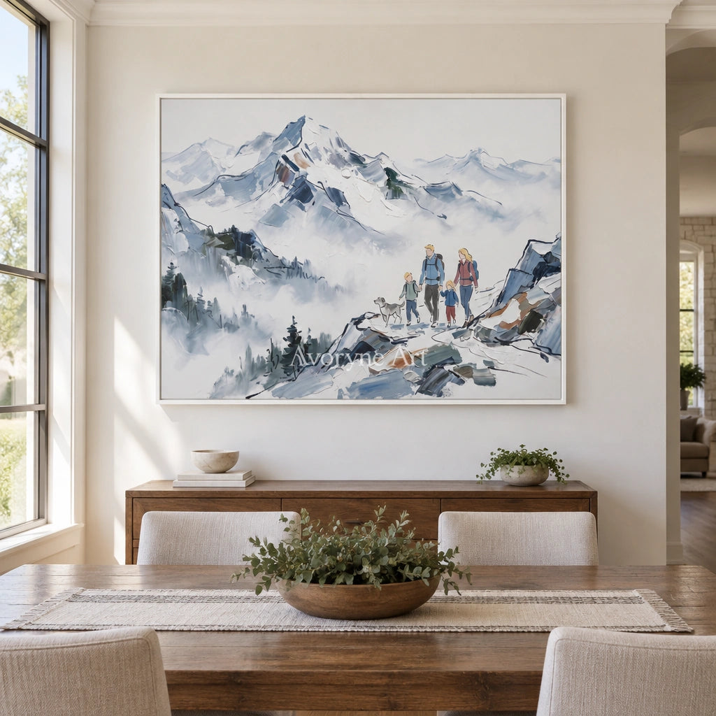 Silver Trace mountain landscape wall art with a white frame in a dining room