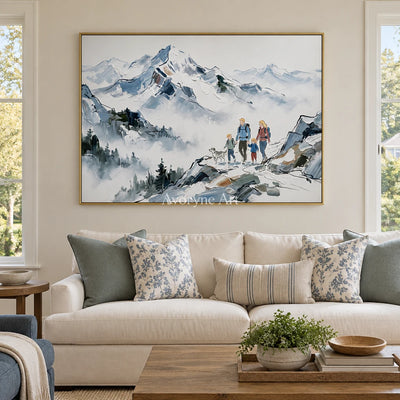 Silver Trace mountain landscape wall art with a gold frame hanging in a living room