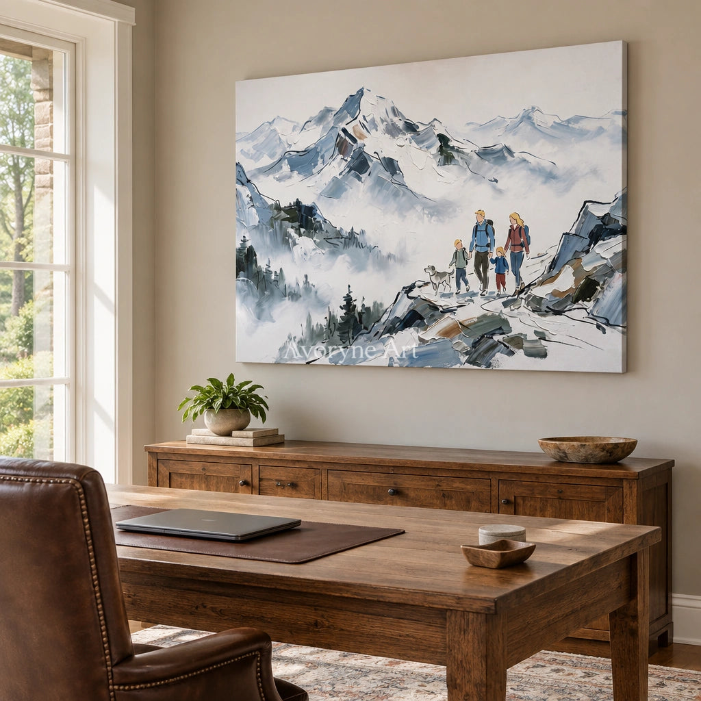 Silver Trace mountain landscape wall art as a frameless stretched canvas in a home office