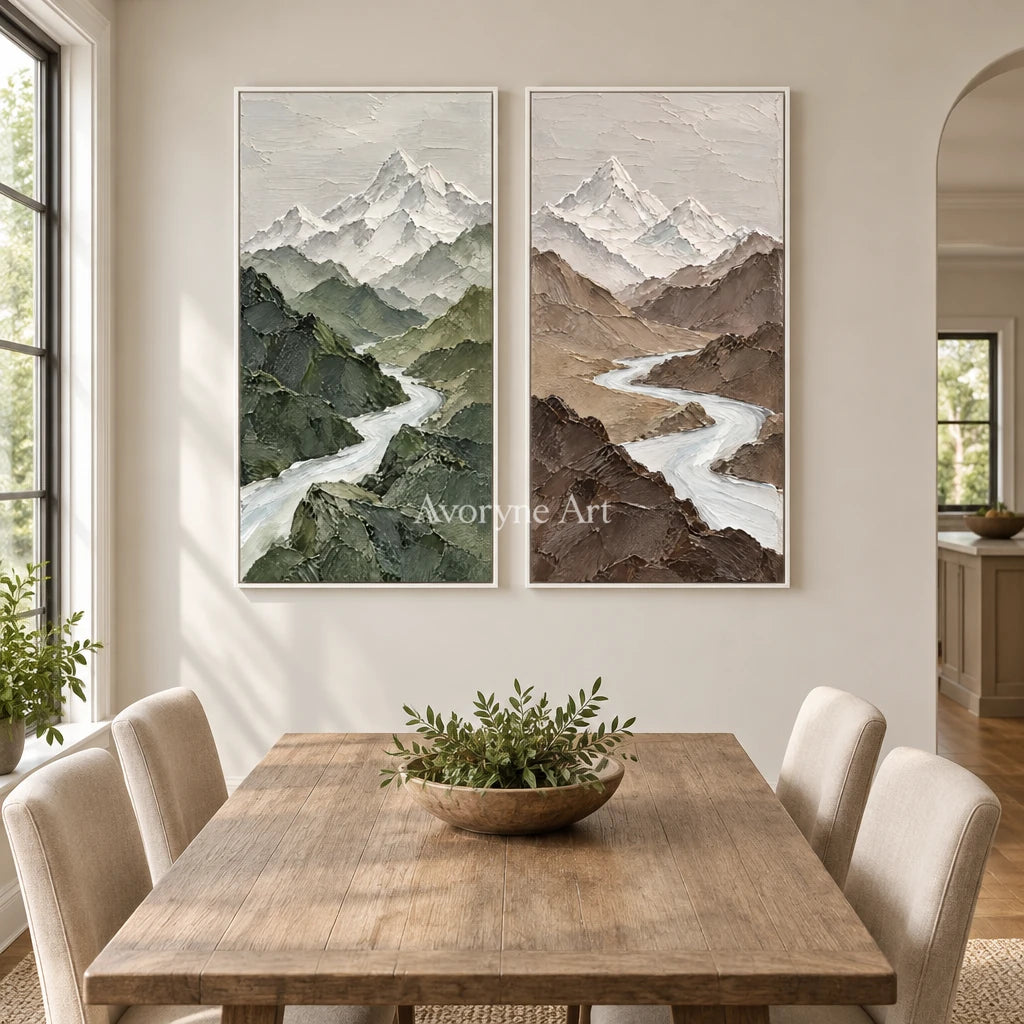 Alpine Pair: Mountain Landscape Diptych Wall Art — dining white