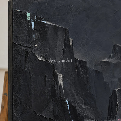 Close-up of the hand-painted texture of Still Dialogue mountain relief wall art on an easel