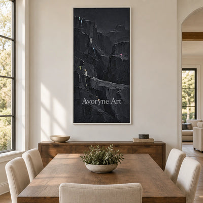 Still Dialogue mountain relief wall art with a white frame in a dining room