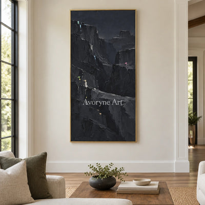 Still Dialogue mountain relief wall art with a gold frame hanging in a living room