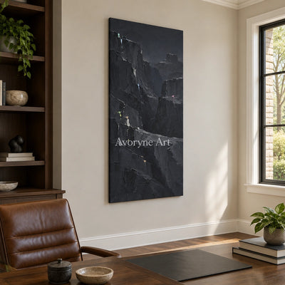 Still Dialogue mountain relief wall art as a frameless stretched canvas in a home office