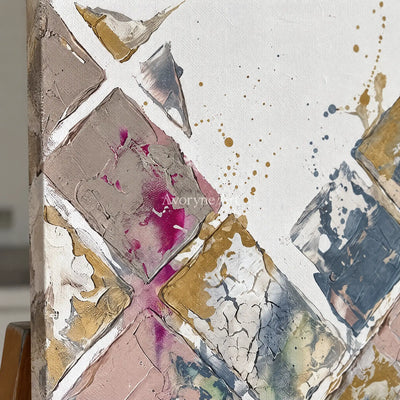 Close-up of the hand-painted texture of Earthen Passage muted geometric art on an easel