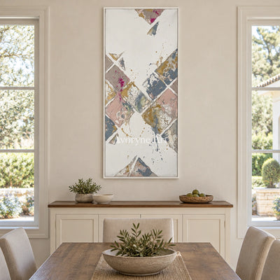 Earthen Passage muted geometric art with a white frame in a dining room