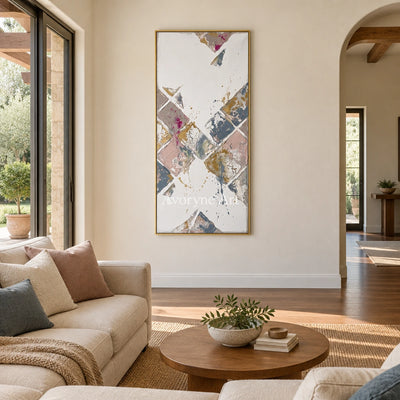 Earthen Passage muted geometric art with a gold frame hanging in a living room