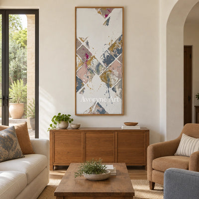 Earthen Passage muted geometric art with a wood frame in a villa living space
