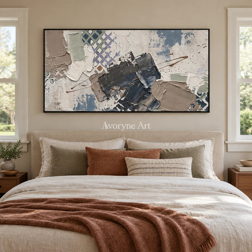 Earthen Verse muted geometric art with a black frame above a bed in a bedroom