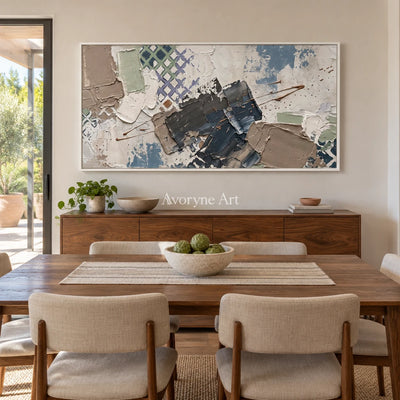 Earthen Verse muted geometric art with a white frame in a dining room