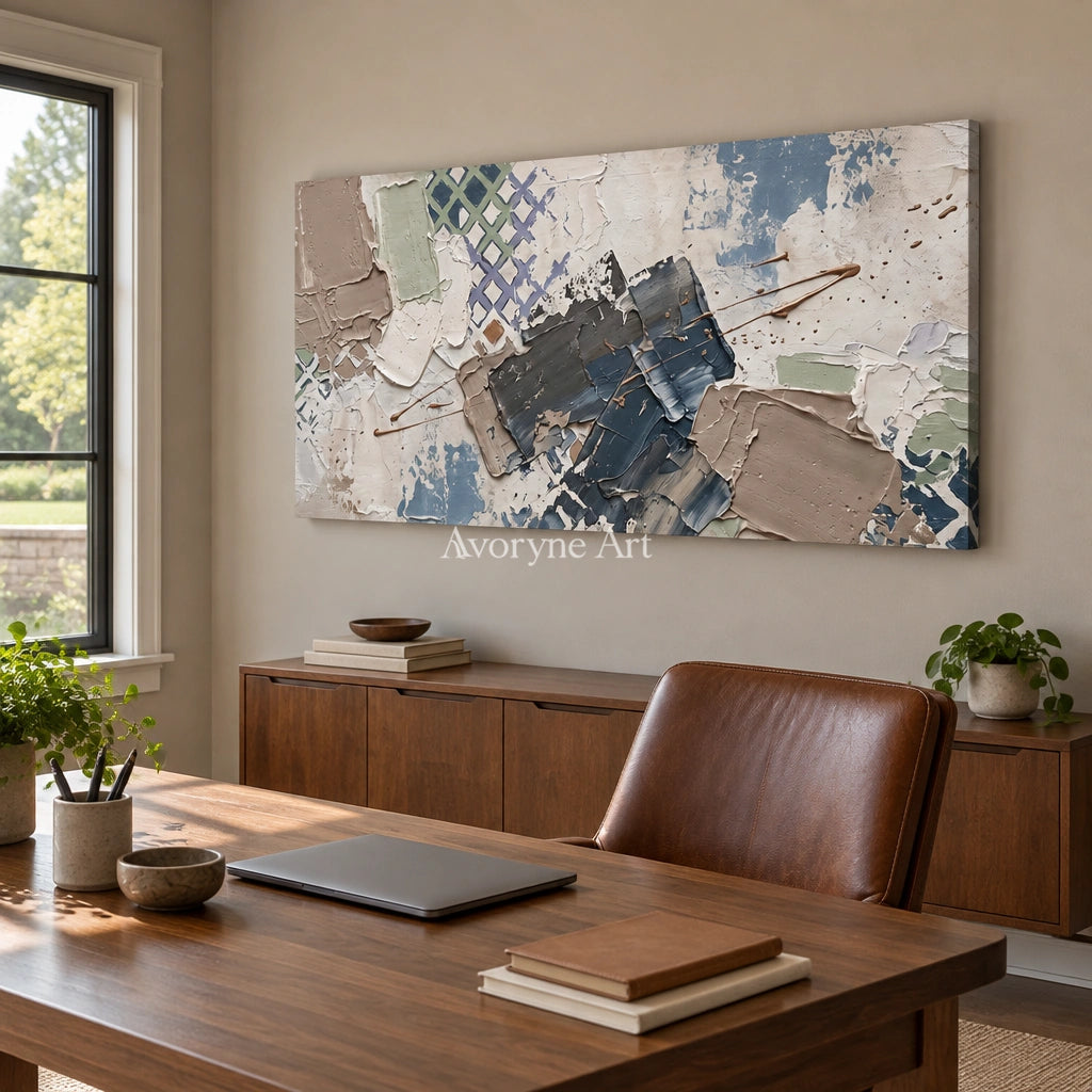 Earthen Verse muted geometric art as a frameless stretched canvas in a home office