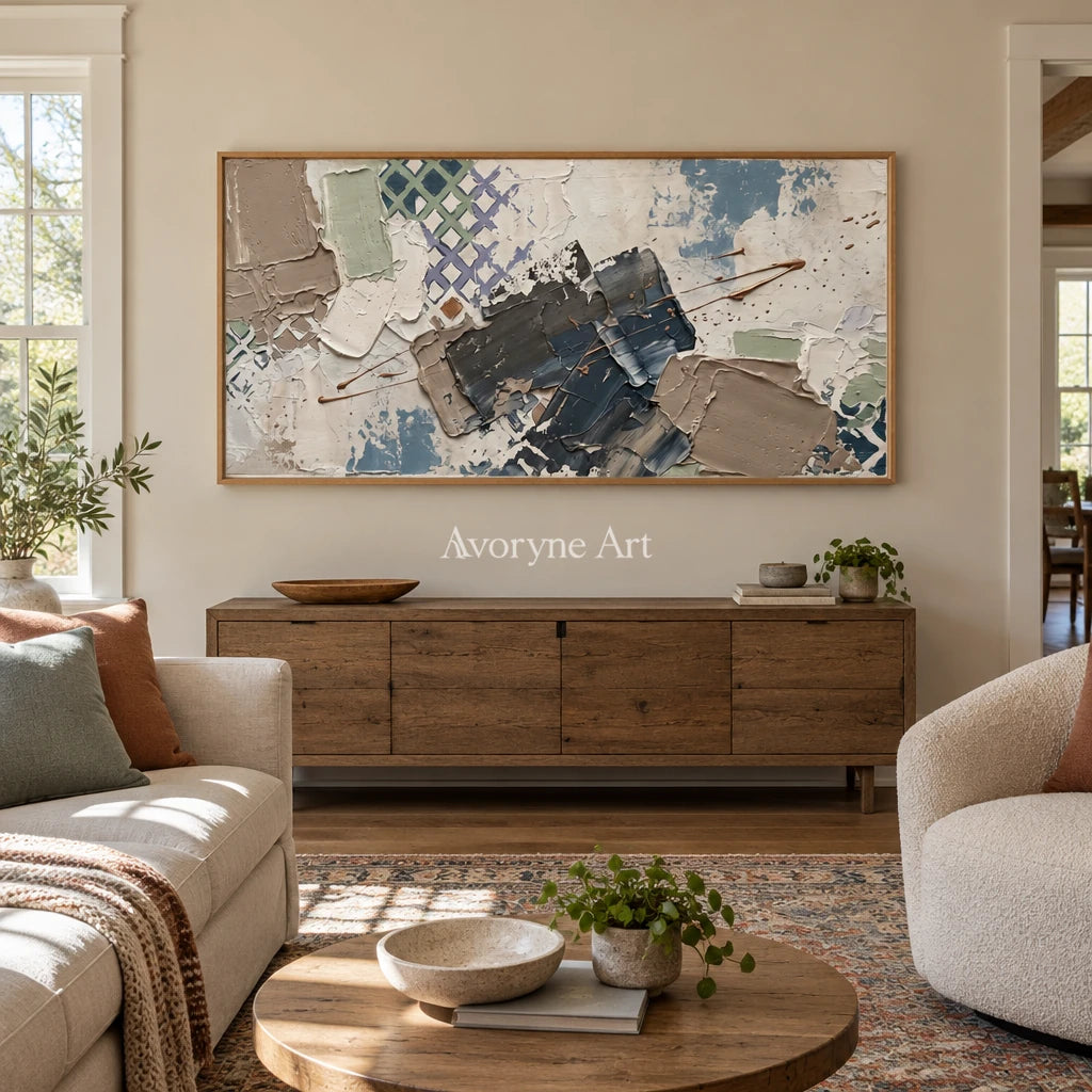 Earthen Verse muted geometric art with a wood frame in a villa living space
