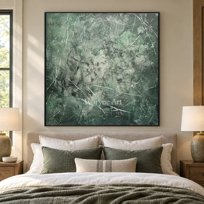 Mossbound Threads: Muted Green Textured Abstract Wall Art — bedroom black