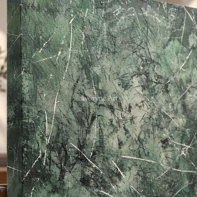 Mossbound Threads: Muted Green Textured Abstract Wall Art — detail easel