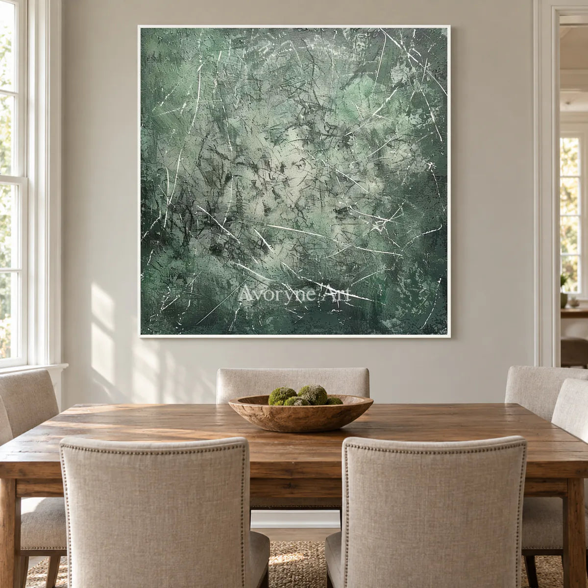 Mossbound Threads: Muted Green Textured Abstract Wall Art — dining white