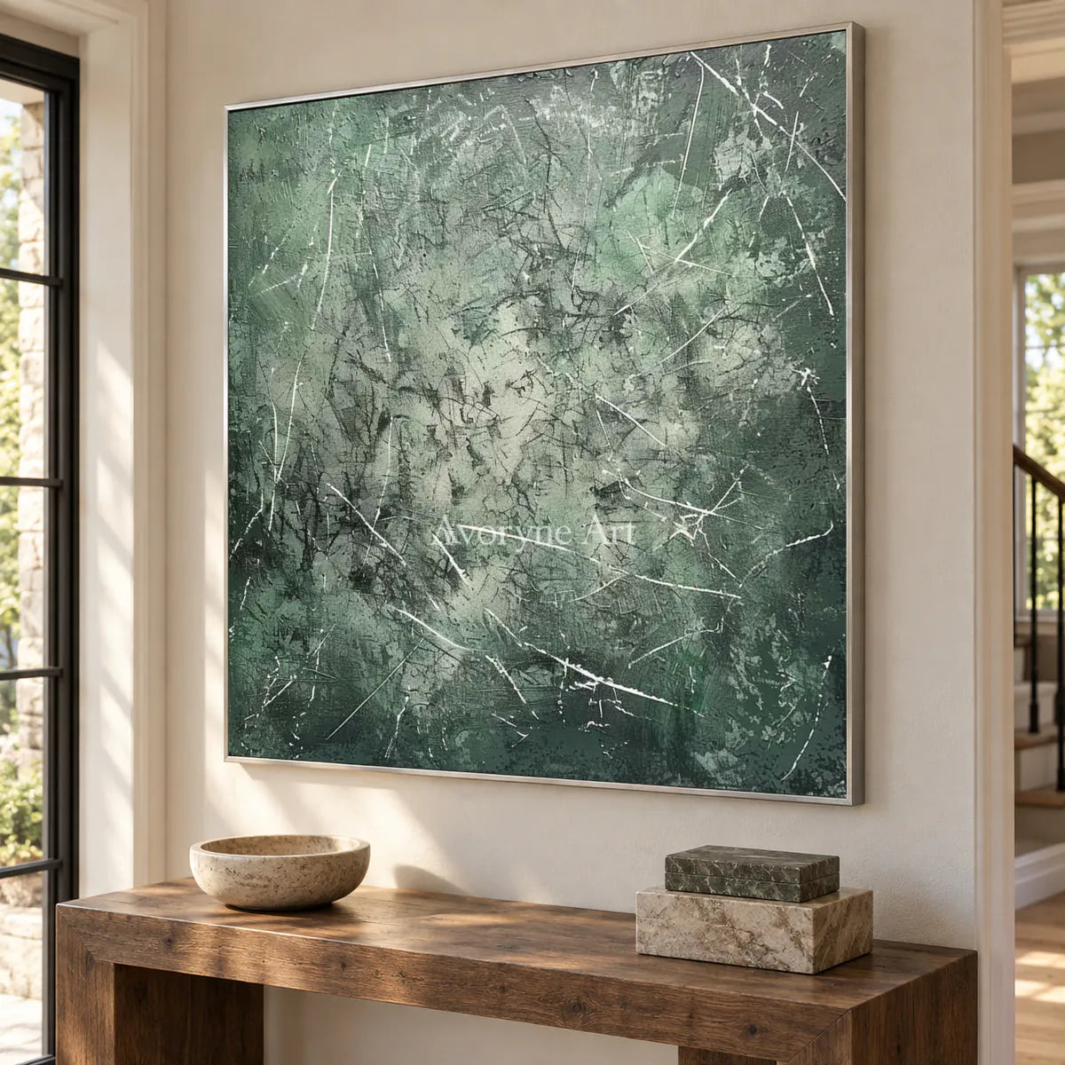 Mossbound Threads: Muted Green Textured Abstract Wall Art — entry silver