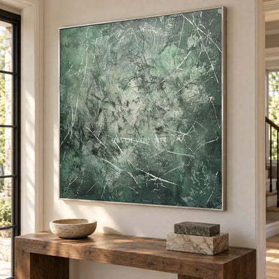 Mossbound Threads: Muted Green Textured Abstract Wall Art — entry silver