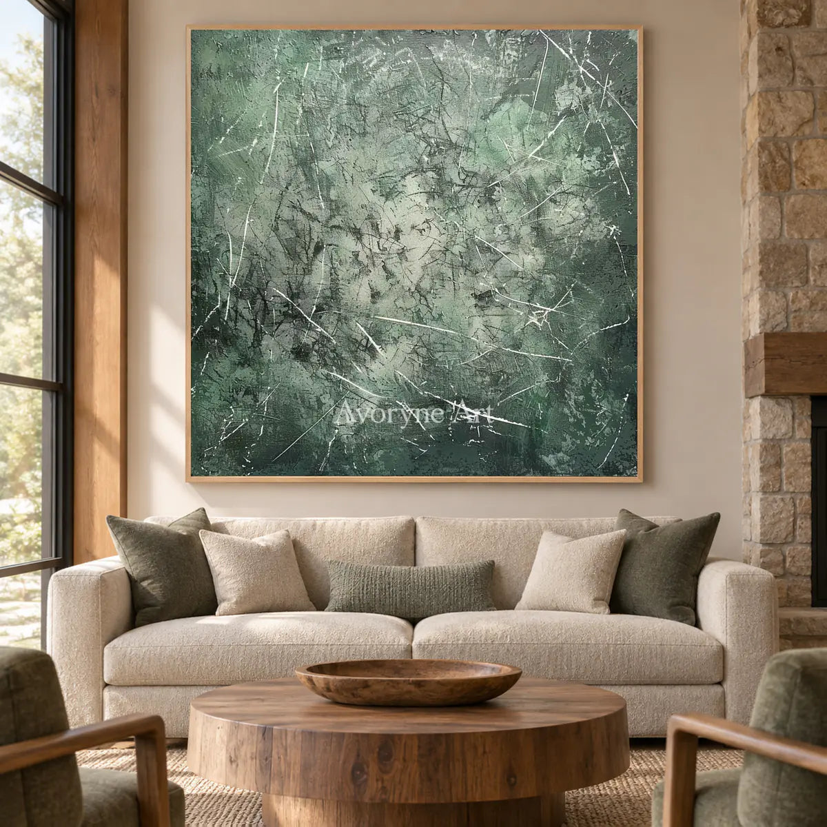 Mossbound Threads: Muted Green Textured Abstract Wall Art — hotel wood