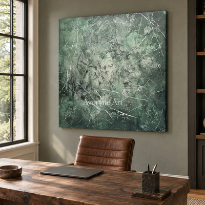 Mossbound Threads: Muted Green Textured Abstract Wall Art — office frameless