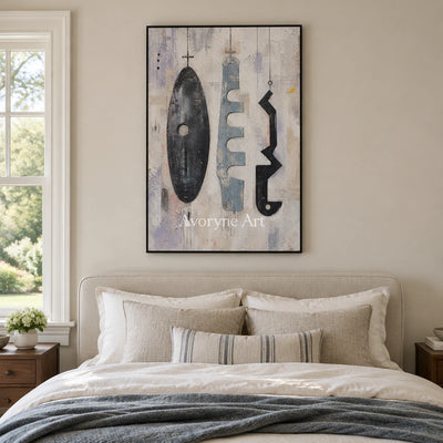 Woven Interval muted organic abstract wall art with a black frame above a bed in a bedroom