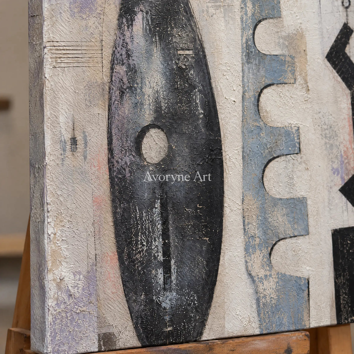 Close-up of the hand-painted texture of Woven Interval muted organic abstract wall art on an easel