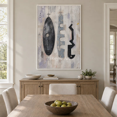 Woven Interval muted organic abstract wall art with a white frame in a dining room
