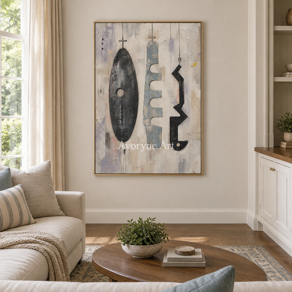 Woven Interval muted organic abstract wall art with a gold frame hanging in a living room