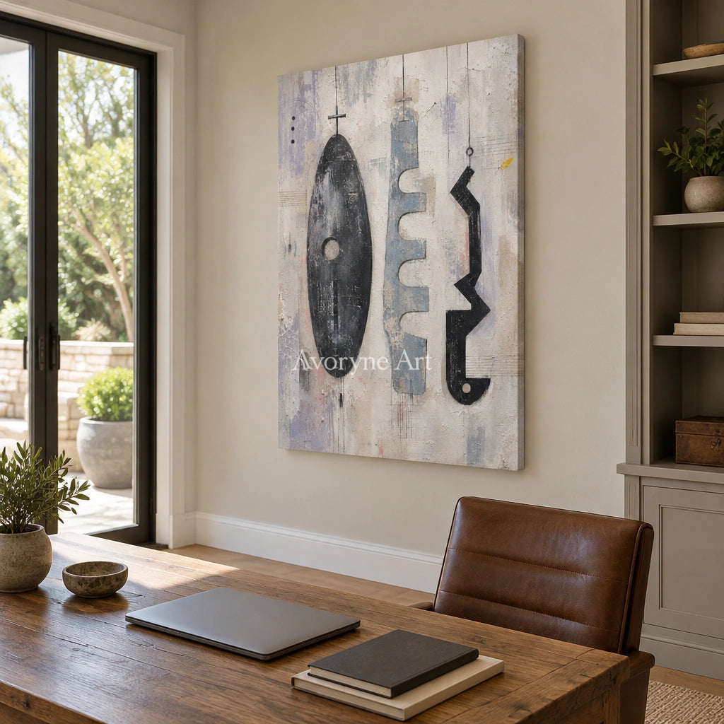 Woven Interval muted organic abstract wall art as a frameless stretched canvas in a home office