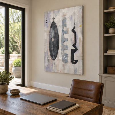 Woven Interval muted organic abstract wall art as a frameless stretched canvas in a home office