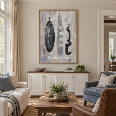 Woven Interval muted organic abstract wall art with a wood frame in a villa living space