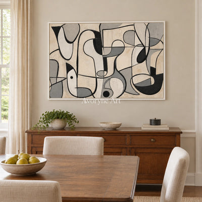 Woven Reverie muted organic abstract wall art with a white frame in a dining room