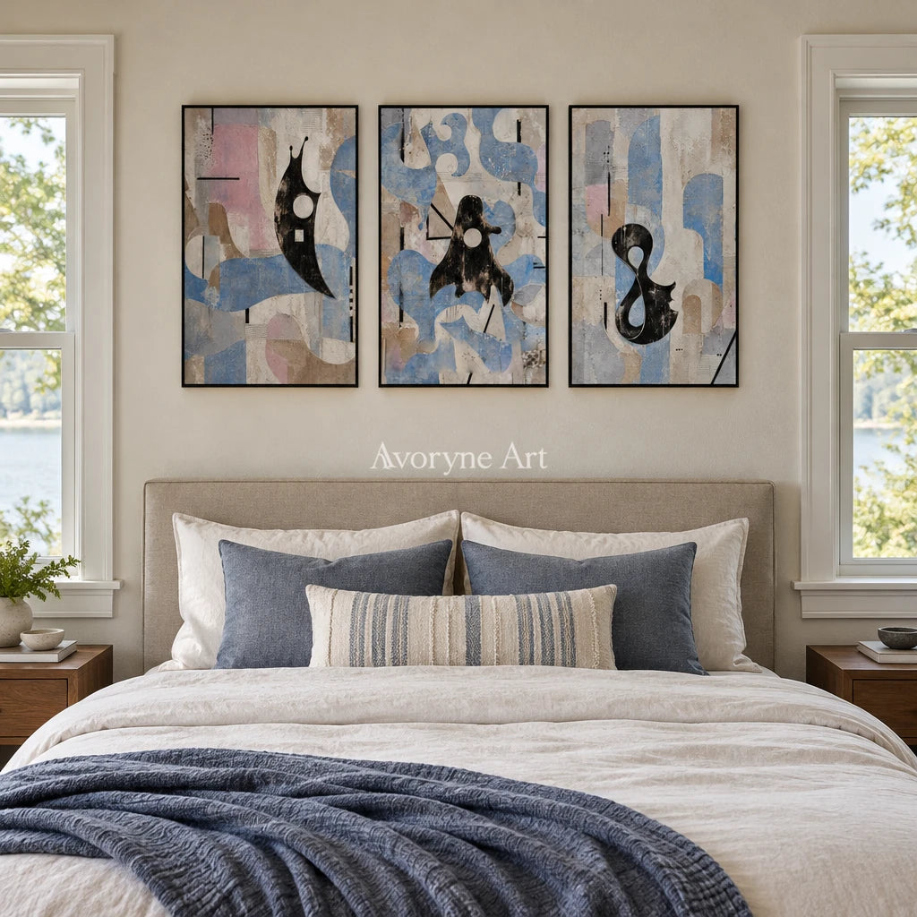 Woven Horizon muted organic abstract triptych with a black frame above a bed in a bedroom
