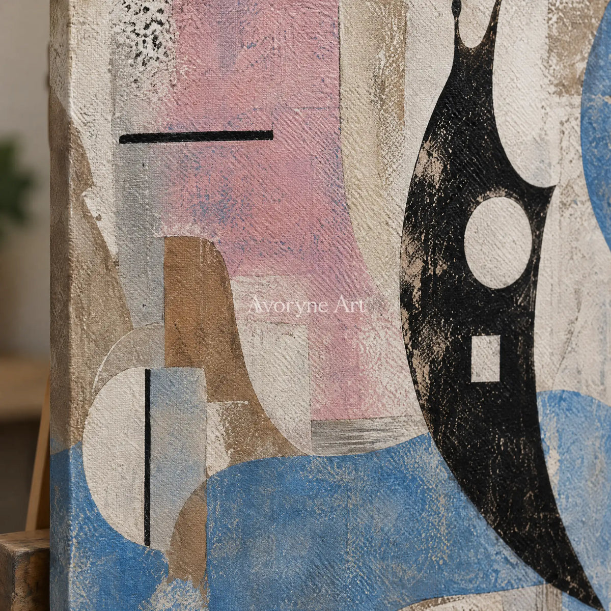 Close-up of the hand-painted texture of Woven Horizon muted organic abstract triptych on an easel