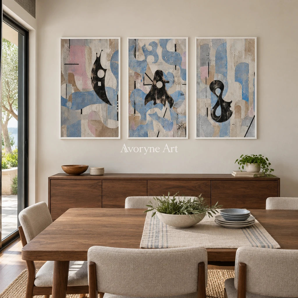Woven Horizon muted organic abstract triptych with a white frame in a dining room