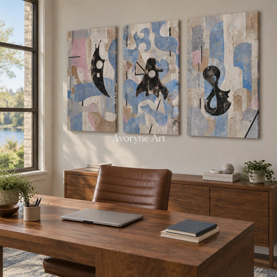Woven Horizon muted organic abstract triptych as a frameless stretched canvas in a home office