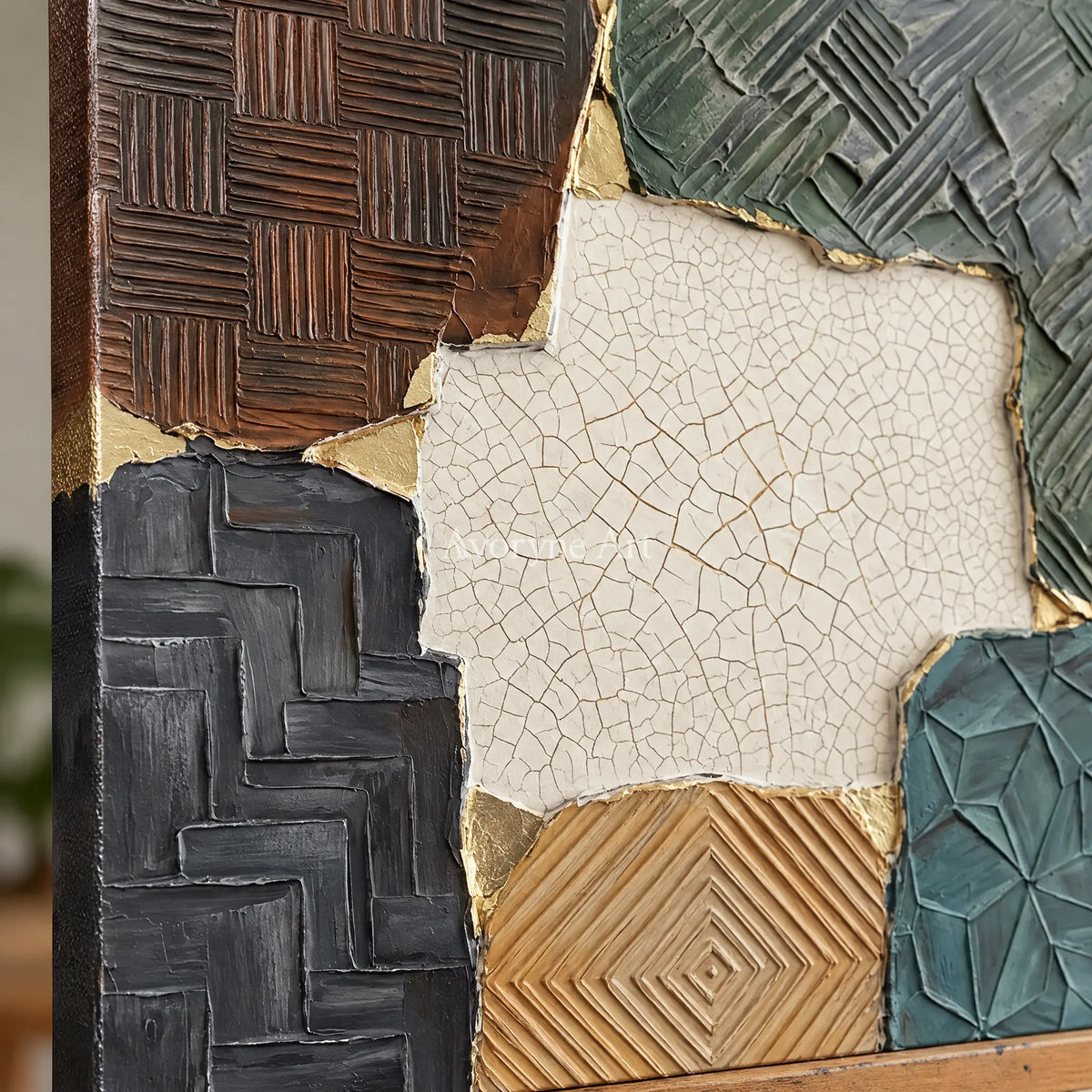 Close-up of the hand-painted texture of Mineral Cadence muted patchwork texture wall art on an easel
