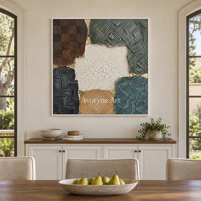 Mineral Cadence muted patchwork texture wall art with a white frame in a dining room