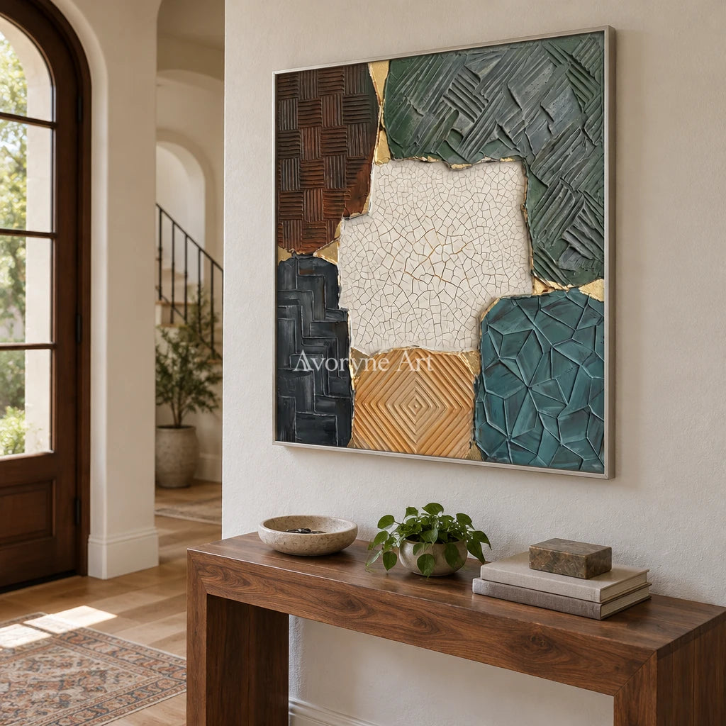 Mineral Cadence muted patchwork texture wall art with a silver frame in an entryway