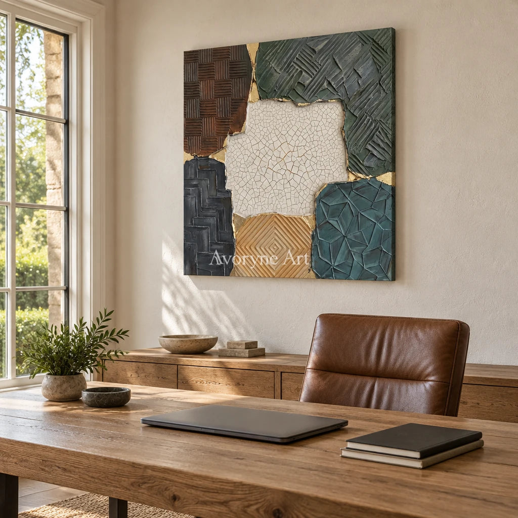 Mineral Cadence muted patchwork texture wall art as a frameless stretched canvas in a home office
