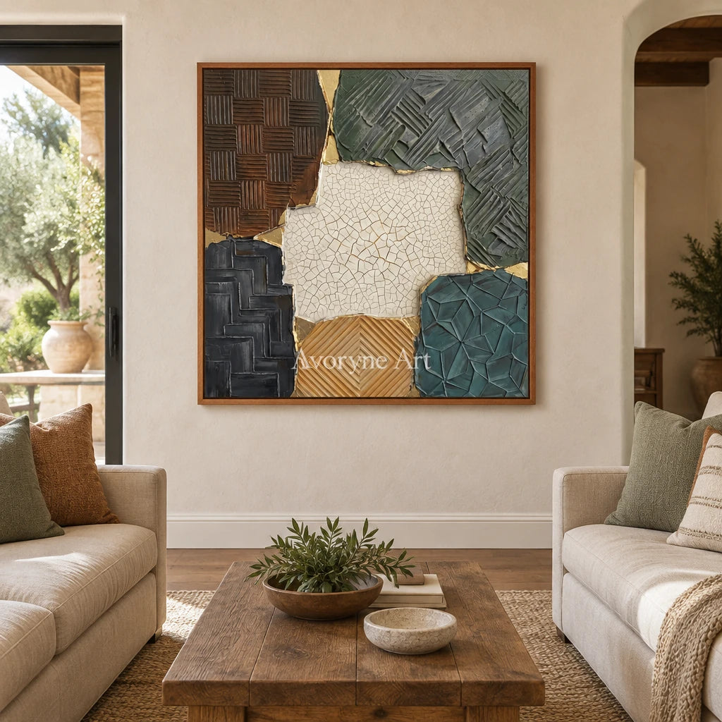 Mineral Cadence muted patchwork texture wall art with a wood frame in a villa living space