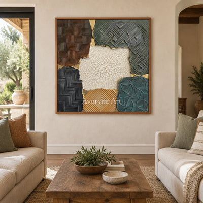 Mineral Cadence muted patchwork texture wall art with a wood frame in a villa living space